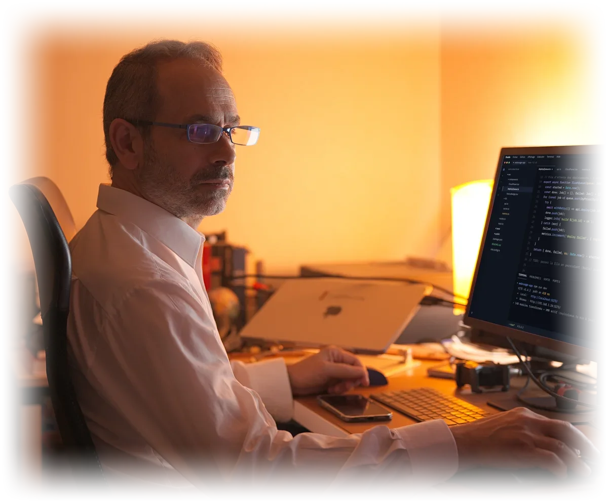 Pablo Perez devant son poste de travail, dans une lumière chaude